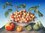 Amelia Kleiser Cherries in Delft bowl with red and yellow apple