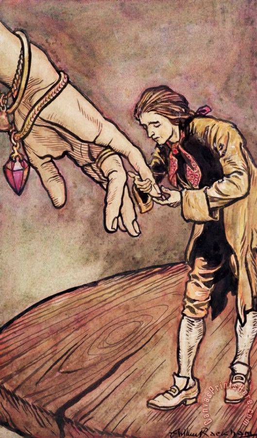 Arthur Rackham Gulliver in Brobdingnag Kissing the Hand of the Queen ...