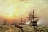 Claude T Stanfield Moore Man-o-War firing a salute at sunset