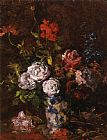 Karl Pierre Daubigny Floral Still Life in a Blue And White Porcelain Vase
