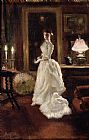 Paul Fischer  Interior scene with a lady in a white evening dress